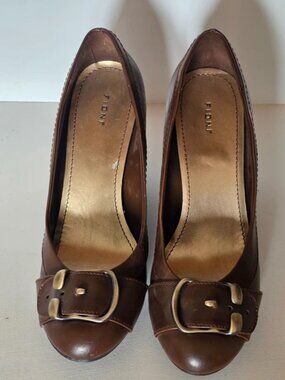 Fioni Brown Wedge Heels with Gold Buckle Accents 6.5